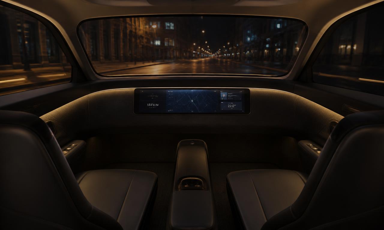 Quiet autonomous vehicle cabin at night with two seats and a single center display