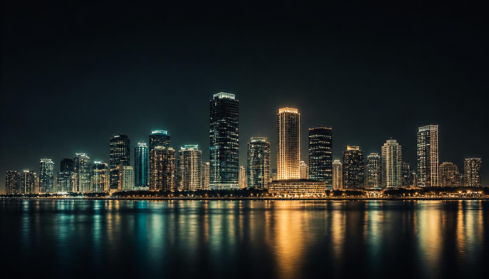 Miami skyline at night reflected in the water